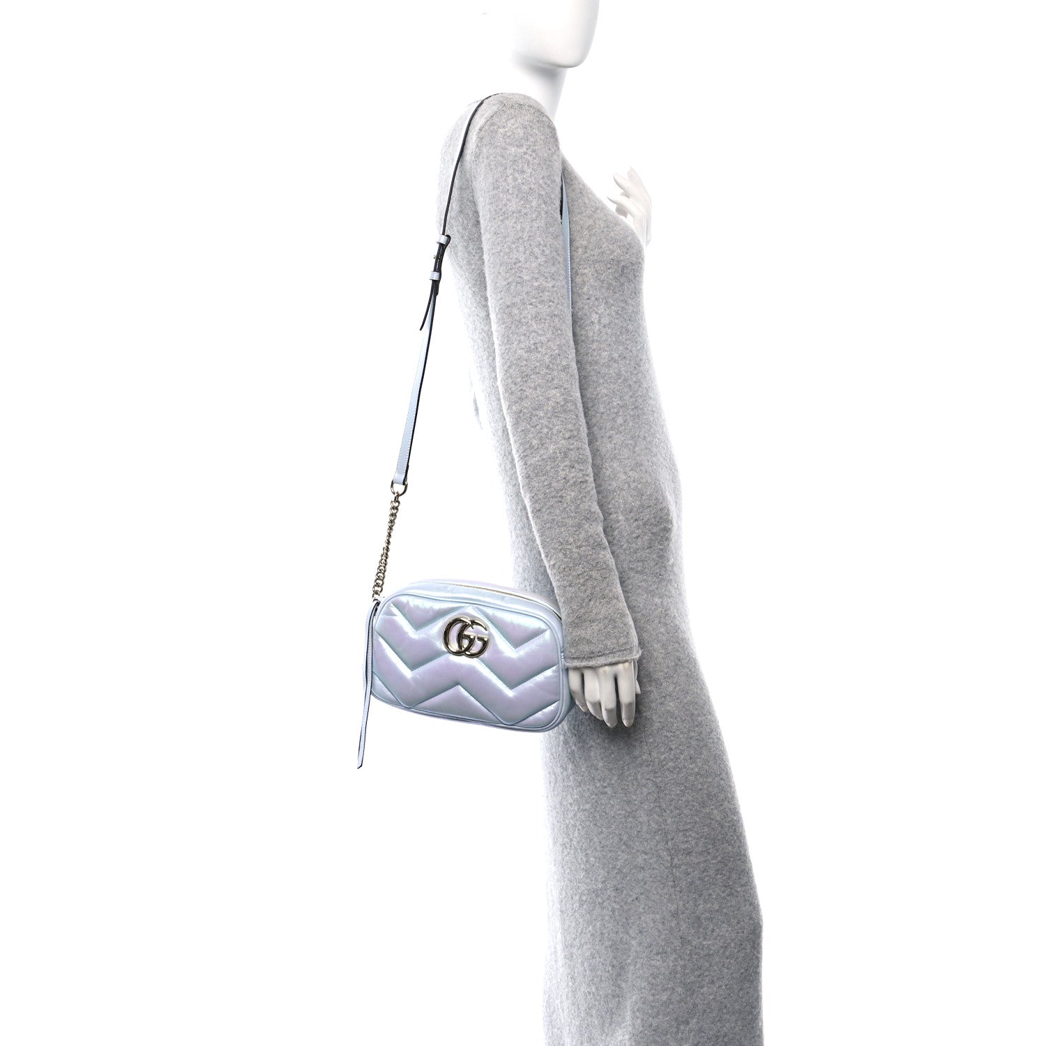 Gucci Iridescent Nappa Chevron Matelasse Small GG Marmont Chain Shoulder Bag Iridescent Snow Light Blue 3 of 11