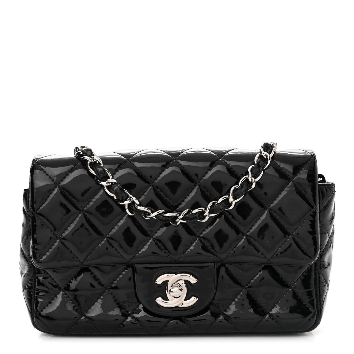 Patent Calfskin Quilted Mini Rectangular Flap Black