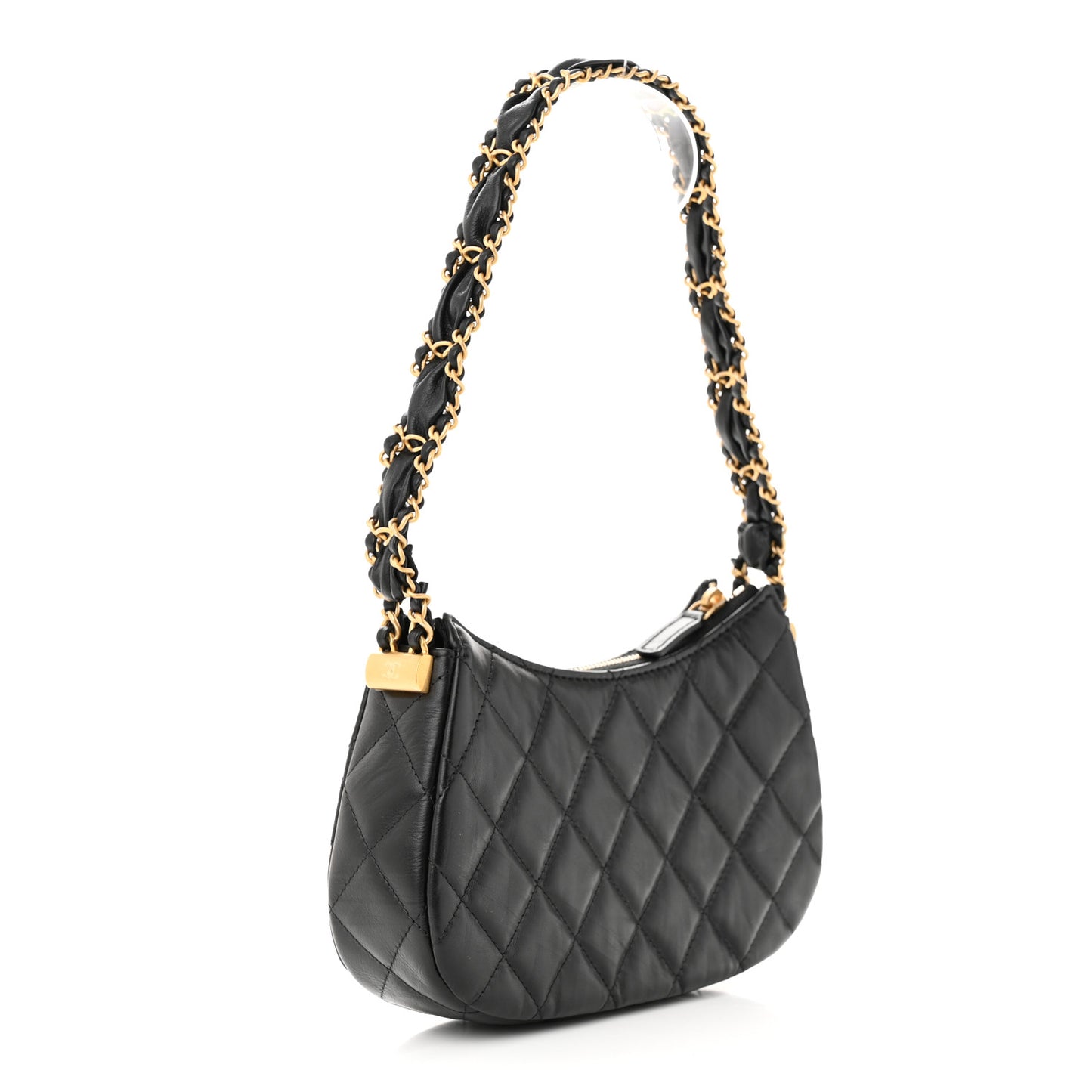 Crumpled Calfskin Quilted Braided CC Small Hobo Black