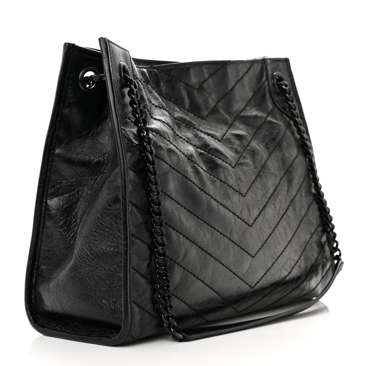 Crinkled Calfskin Matelasse Monogram Medium Niki Shopper Tote Black