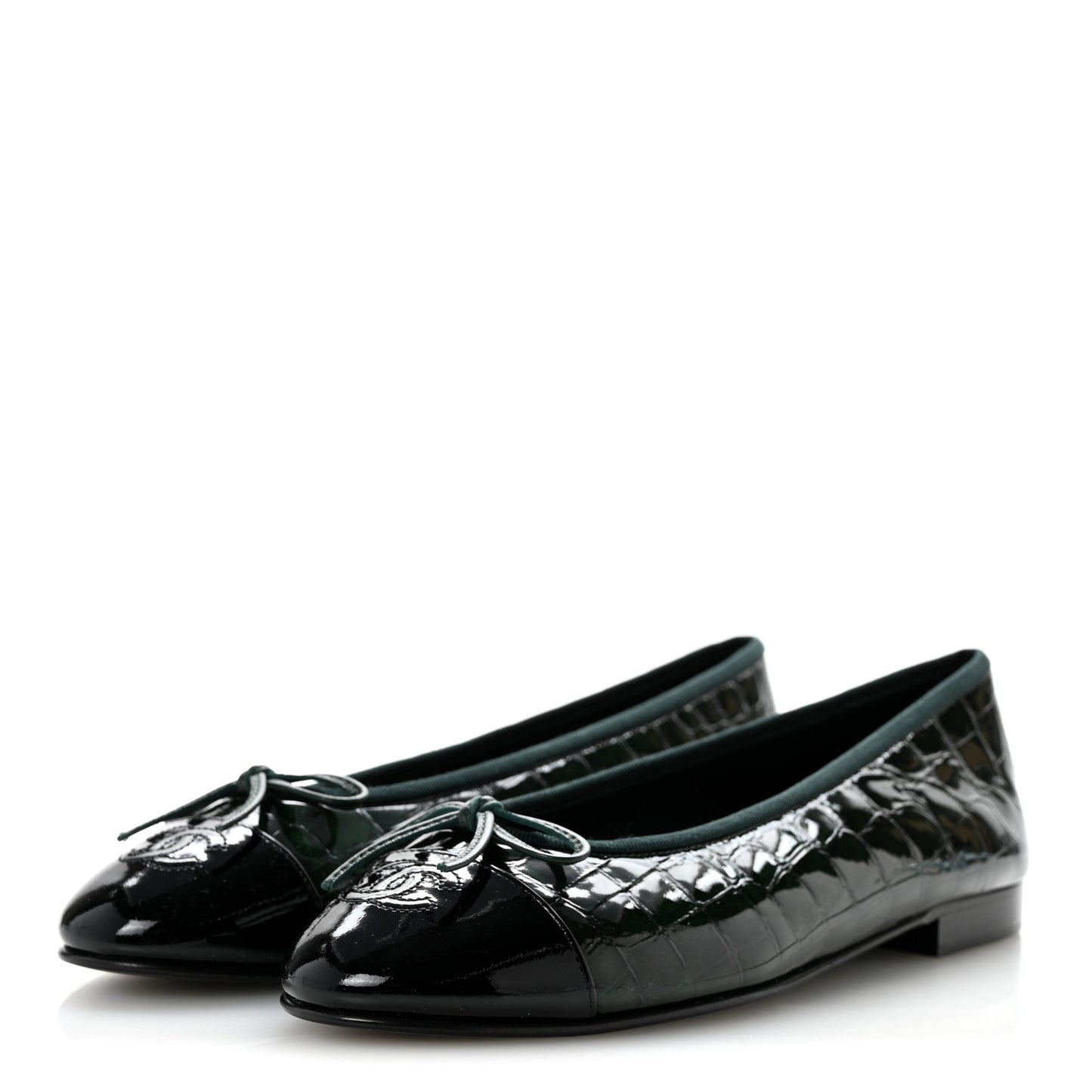Patent Crocodile Embossed Ballerina Flats 39 Dark Green Black