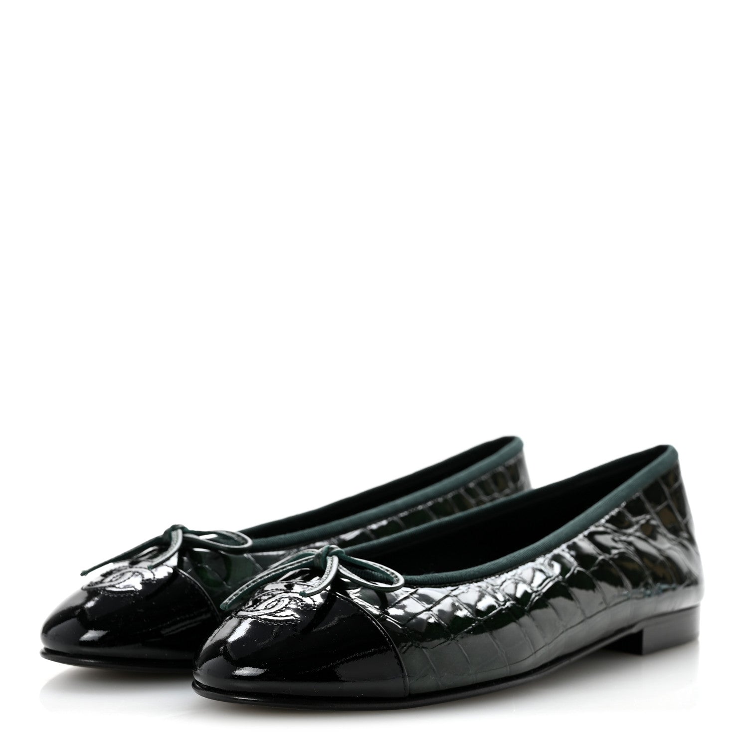 Chanel Patent Crocodile Embossed Ballerina Flats 39 Dark Green Black 4 of 10