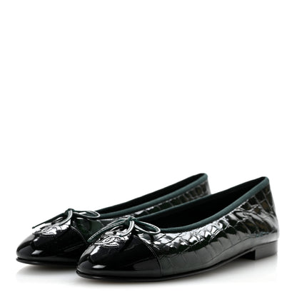 Chanel Patent Crocodile Embossed Ballerina Flats 39 Dark Green Black 4 of 10