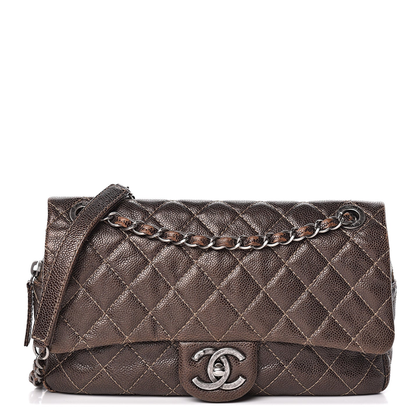 Iridescent Caviar Quilted Small Chic Flap Brown