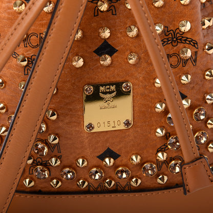 MCM Visetos Swarovski Crystal Studded Mini Drawstring Bucket Bag Cognac 9 of 9