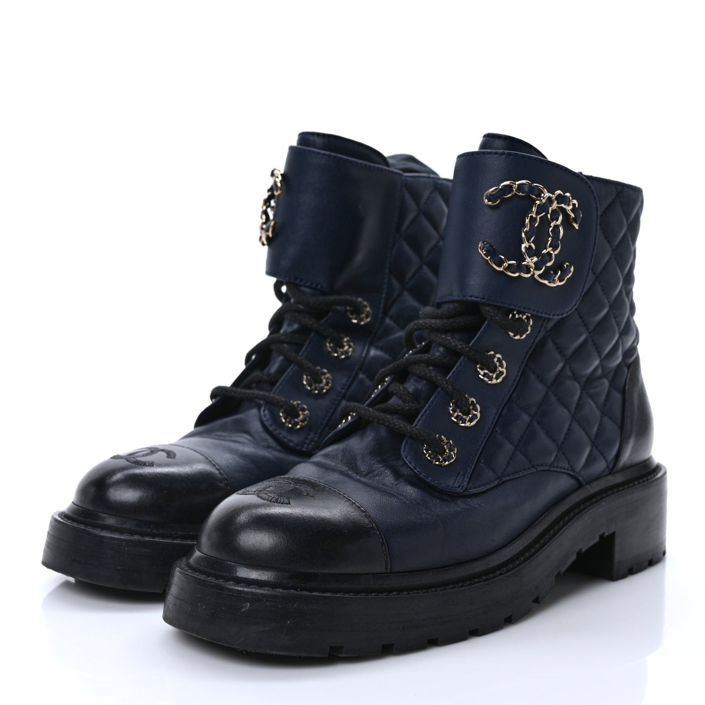 Lambskin Calfskin Quilted Lace Up Combat Boots 37 Navy