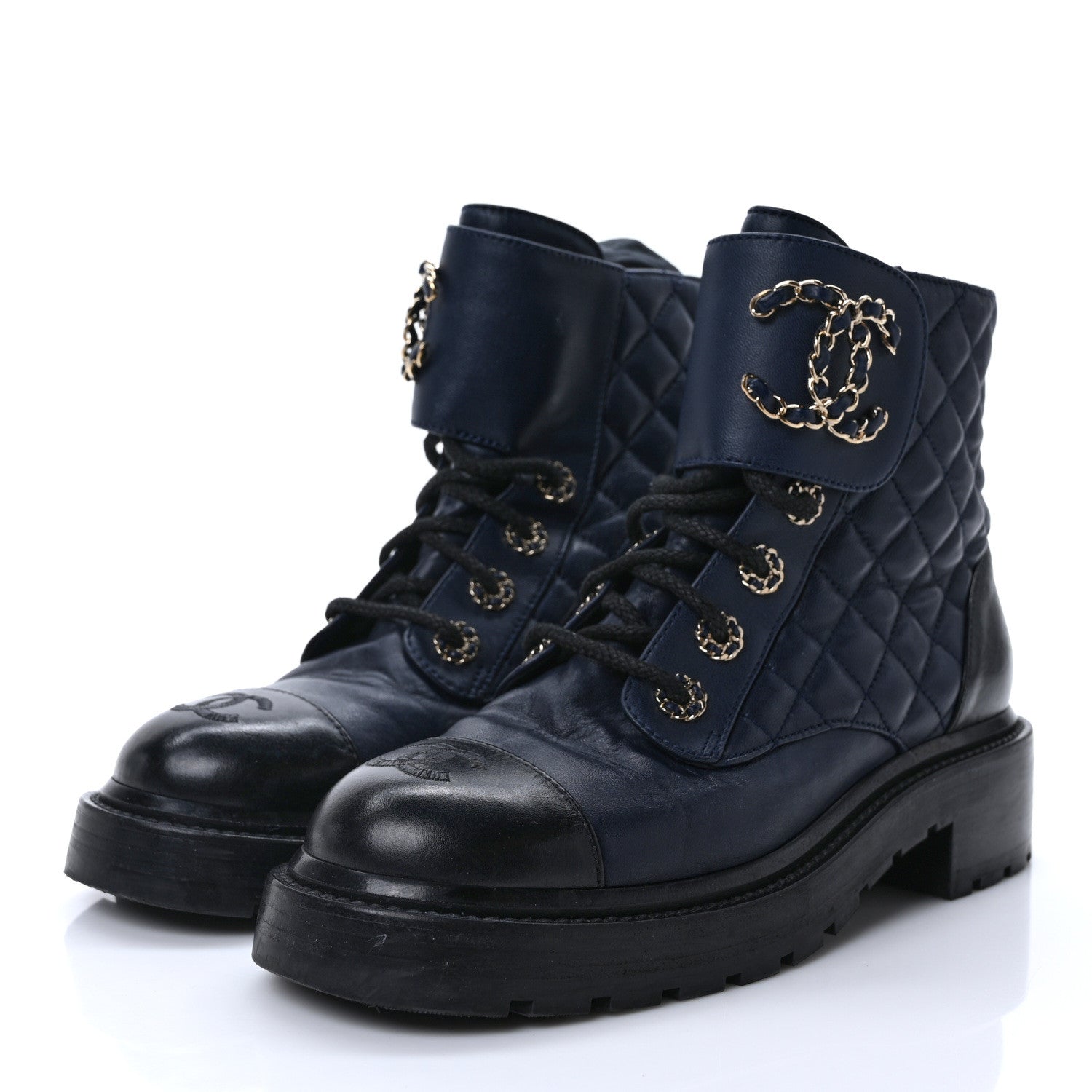 Chanel Lambskin Calfskin Quilted Lace Up Combat Boots 37 Navy 3 of 8