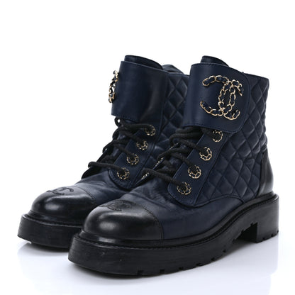 Chanel Lambskin Calfskin Quilted Lace Up Combat Boots 37 Navy 3 of 8