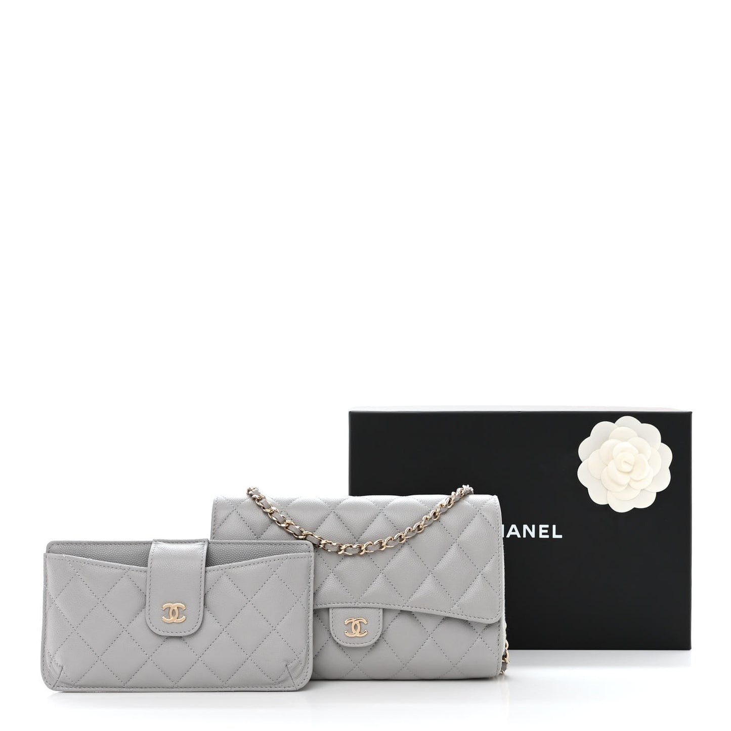 Caviar Quilted Phone Holder Wallet on Removable Chain Grey