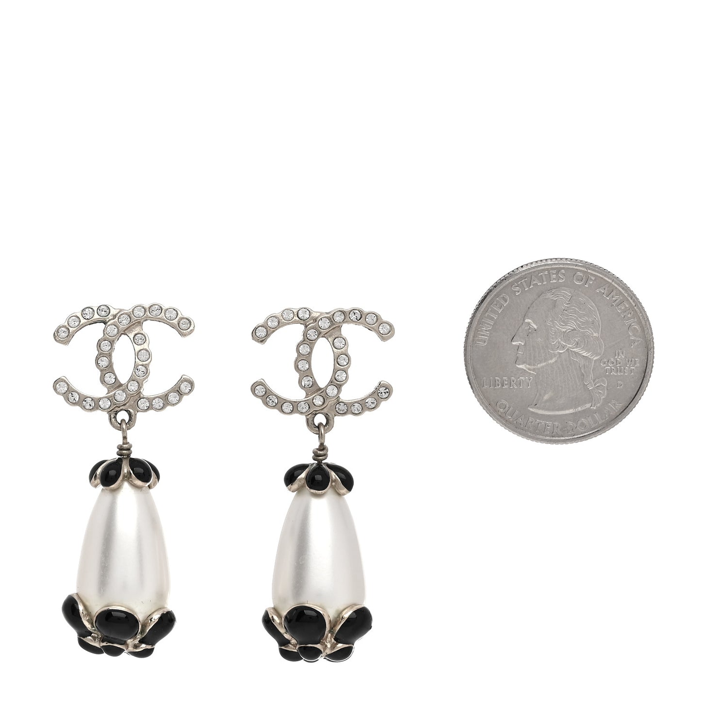 Pearl Crystal Enamel CC Flower Drop Earrings Gold Black