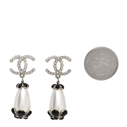 Chanel Pearl Crystal Enamel CC Flower Drop Earrings Gold Black 2 of 5