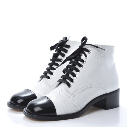 Chanel Patent Calfskin CC Lace Up Boots 35.5 White Black 3 of 10