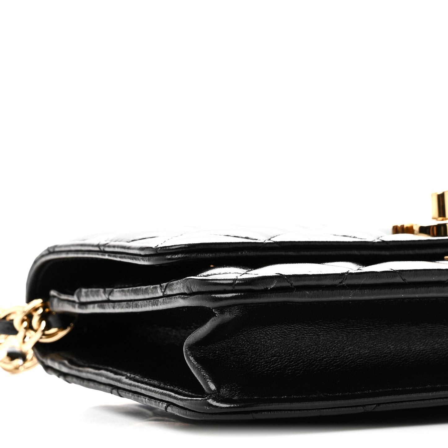 Shiny Lambskin Quilted Golden Links Wallet On Chain WOC Black