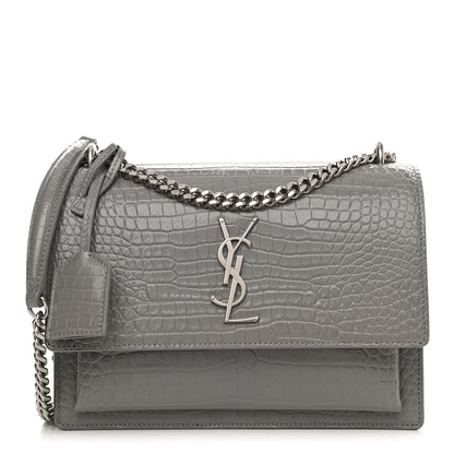 Saint Laurent Calfskin Crocodile Embossed Medium Monogram Sunset Gris Perle 1 of 10