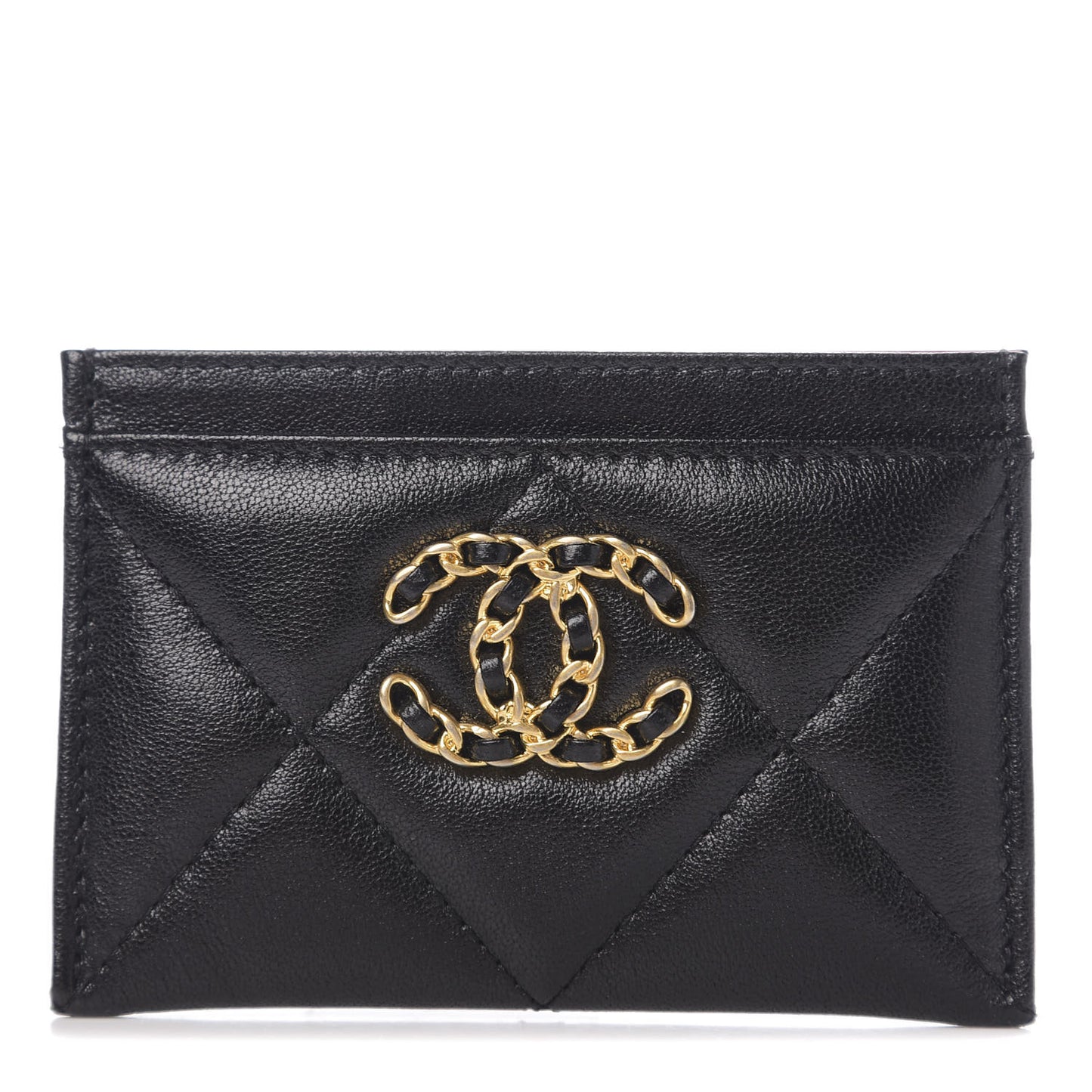 Shiny Goatskin Quilted Chanel 19 Card Holder Black