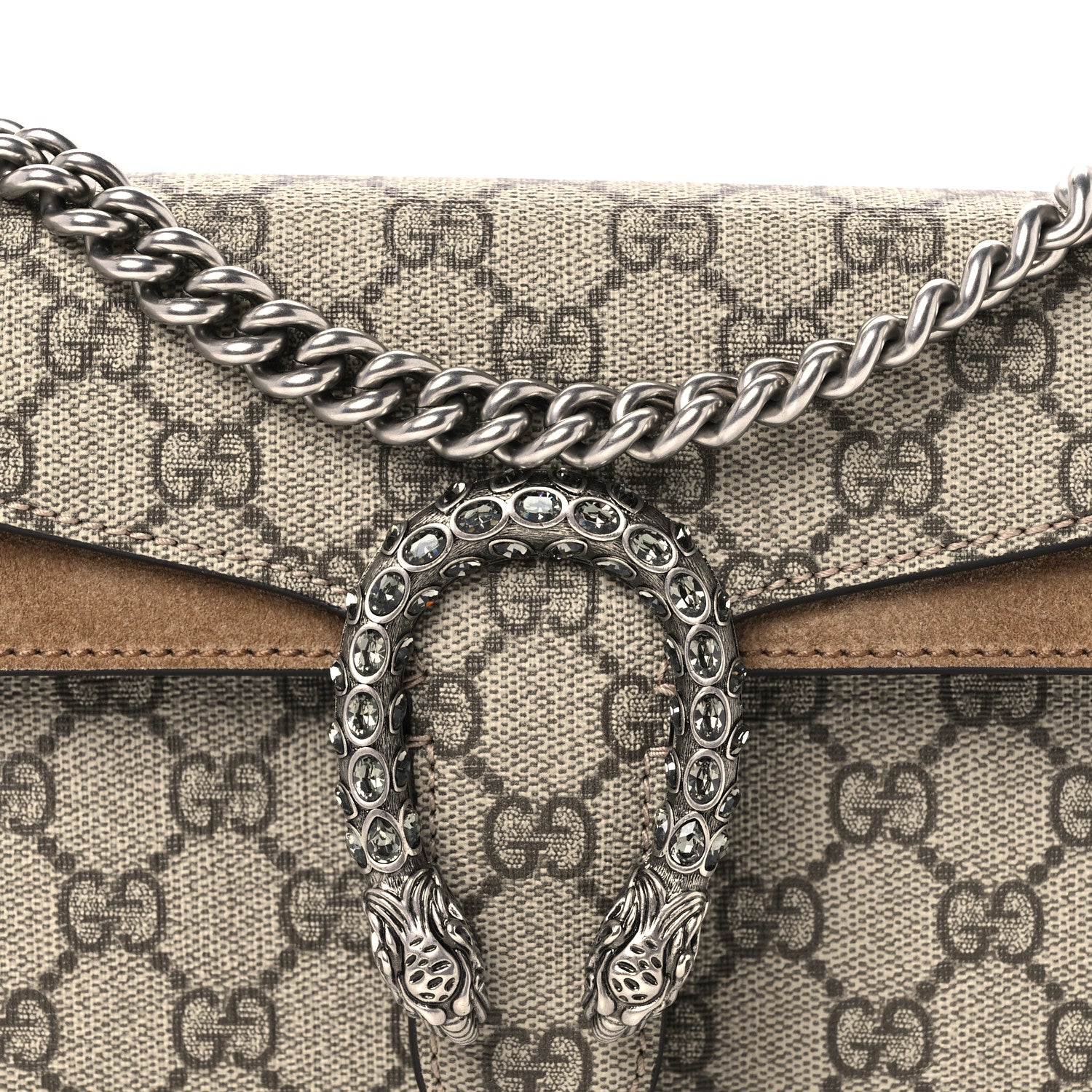 Gucci GG Supreme Monogram Suede Crystal Small Dionysus Shoulder Bag Beige Ebony Taupe 8 of 10