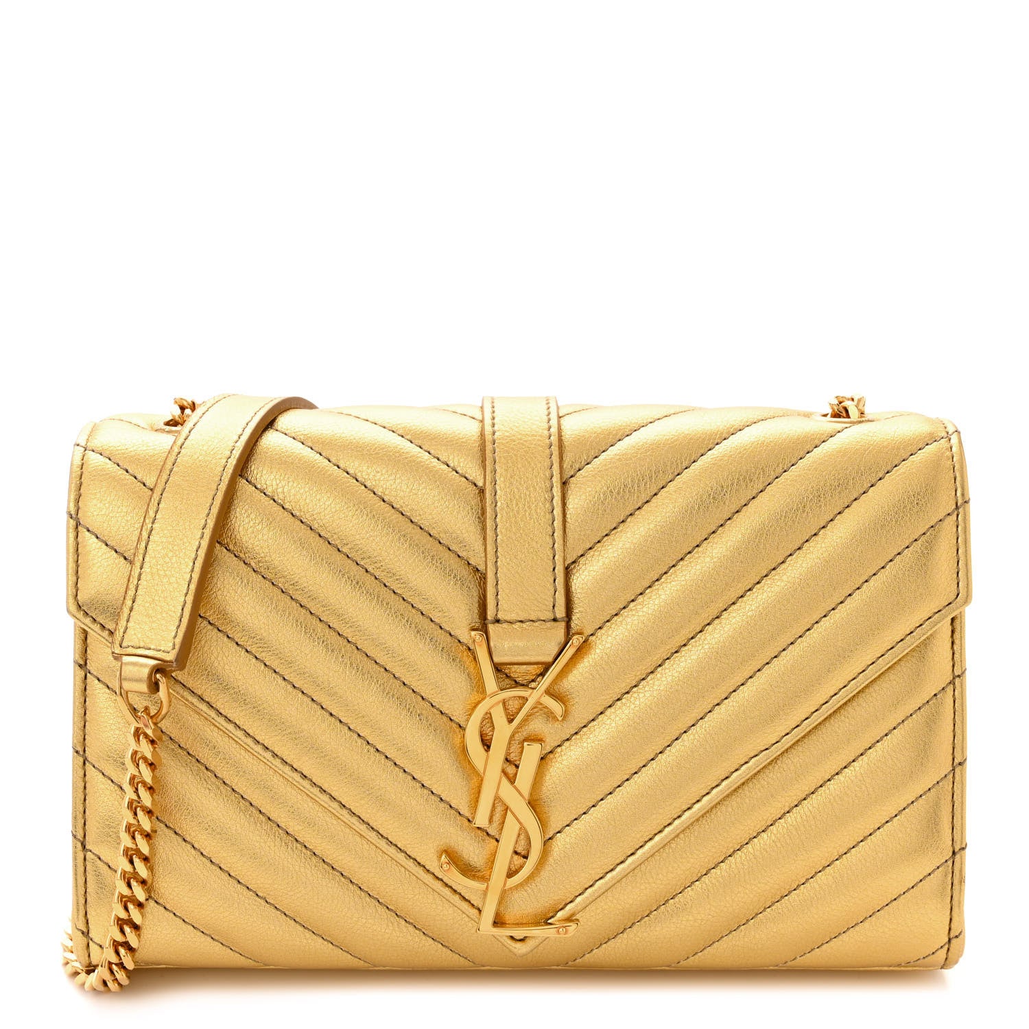 Saint Laurent Metallic Calfskin Matelasse Chevron Small Monogram Chain Shoulder Bag Gold 1 of 10