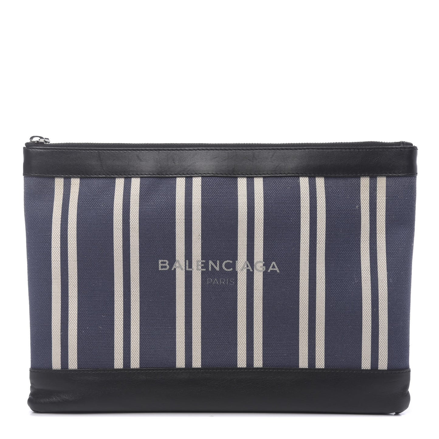Calfskin Cotton Canvas Striped Logo Clutch Navy