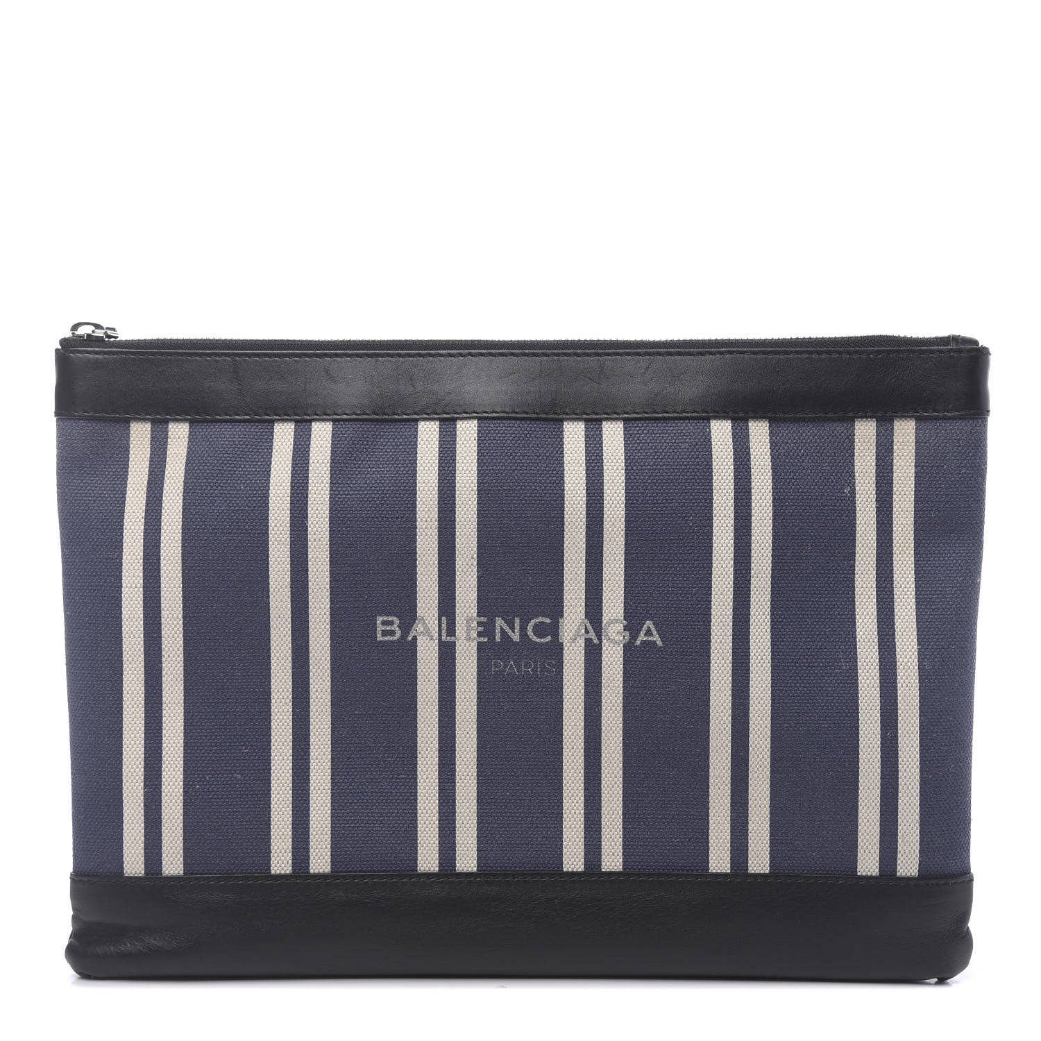 Balenciaga Calfskin Cotton Canvas Striped Logo Clutch Navy 1 of 11
