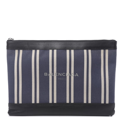 Balenciaga Calfskin Cotton Canvas Striped Logo Clutch Navy 1 of 11