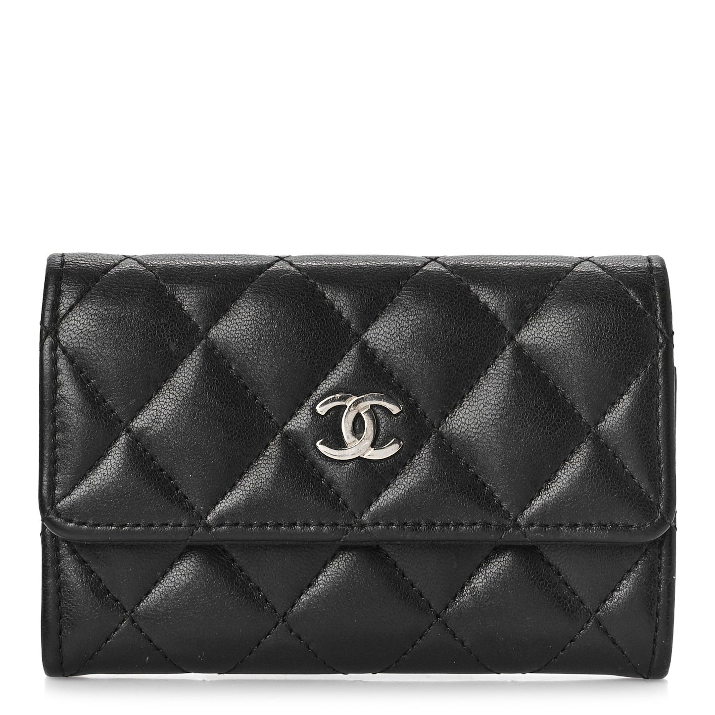Lambskin Quilted Flap Card Holder Wallet Black