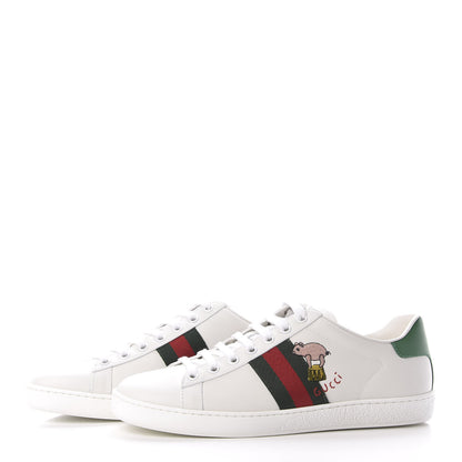 Gucci Calfskin Web Pig Kitten Embroidered Womens Ace Sneakers 39 White 2 of 8
