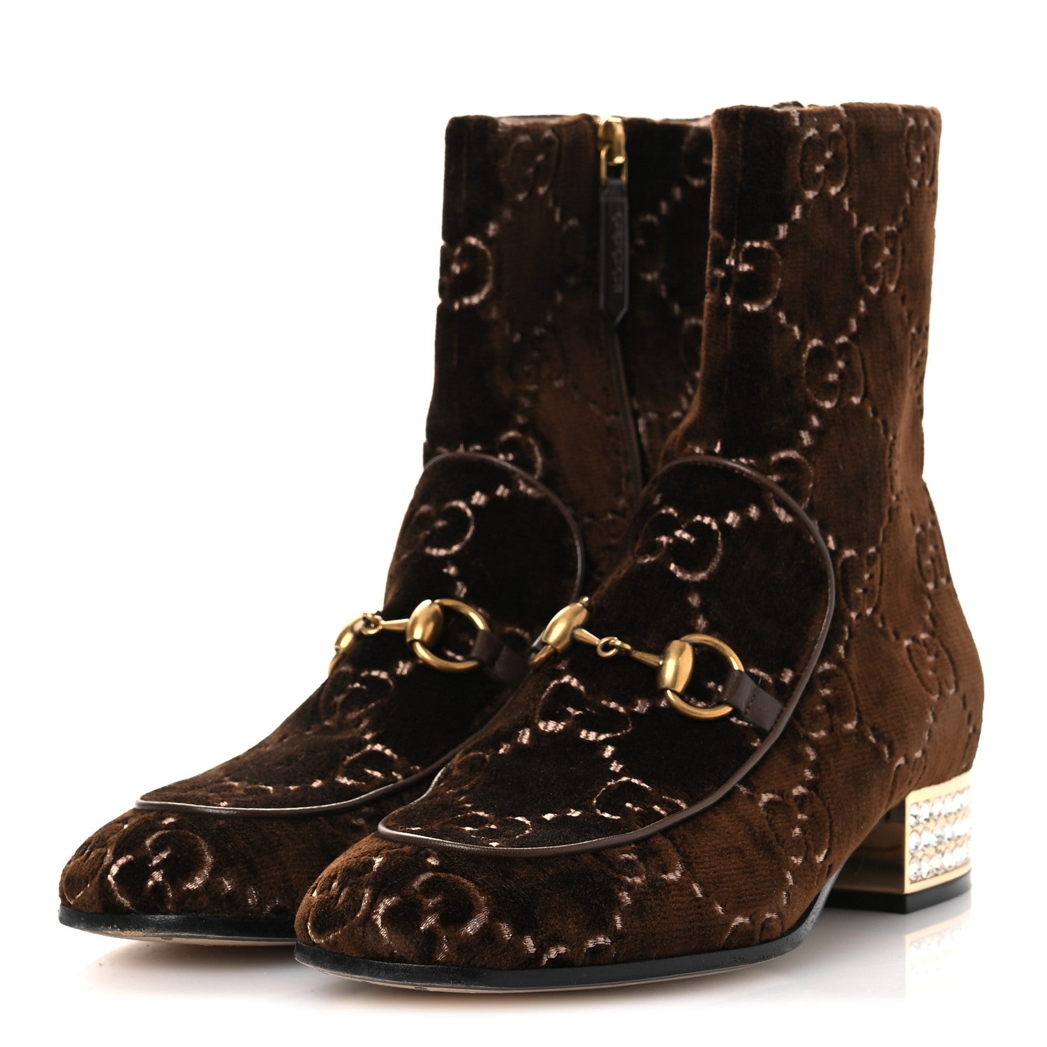 Gucci Velvet GG Monogram Crystal Horsebit Ankle Boots 37 Brown Vintage Cocoa 4 of 10