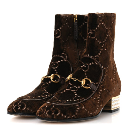 Gucci Velvet GG Monogram Crystal Horsebit Ankle Boots 37 Brown Vintage Cocoa 4 of 10