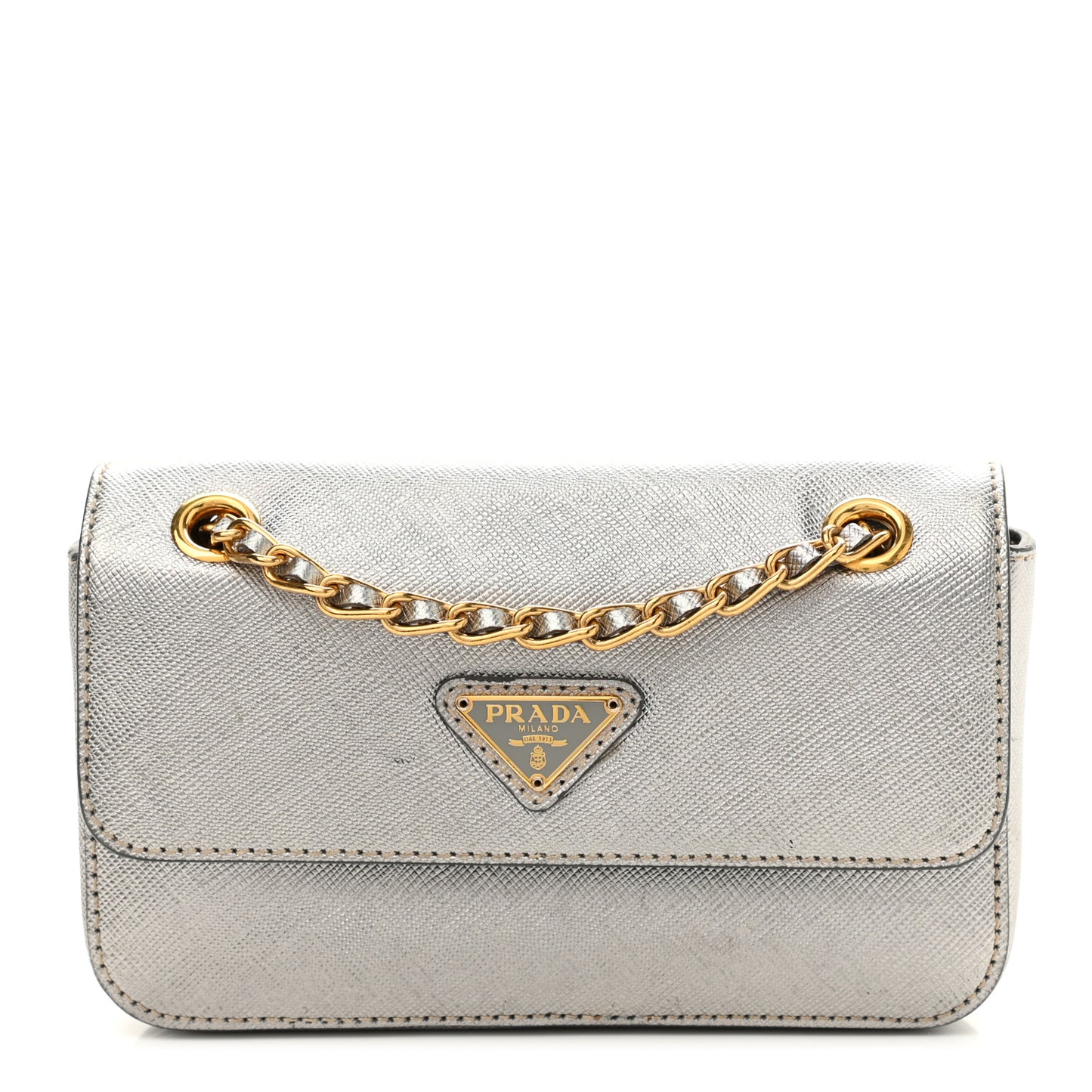 Saffiano Lux Chain Shoulder Bag Argento