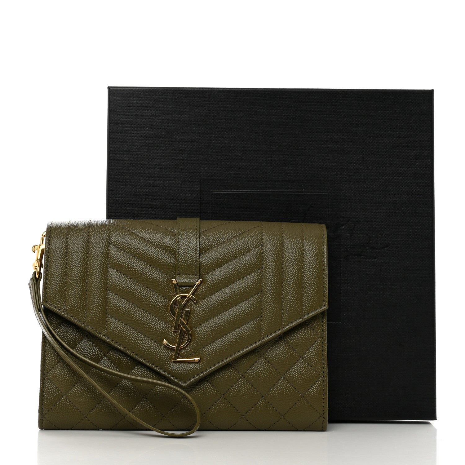 Saint Laurent Grain De Poudre Textured Mixed Matelasse Triquilt Monogram Clutch Vert Kaki 8 of 8