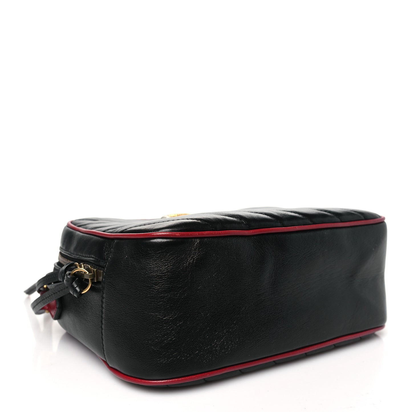 Vintage Effect Calfskin Matelasse Diagonal Small Torchon GG Marmont Bamboo Top Handle Shoulder Bag Black Romantic Cherry