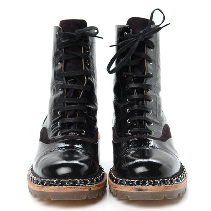 Chanel Patent Lace Up Chain Boots 38.5 Dark Brown 2 of 14