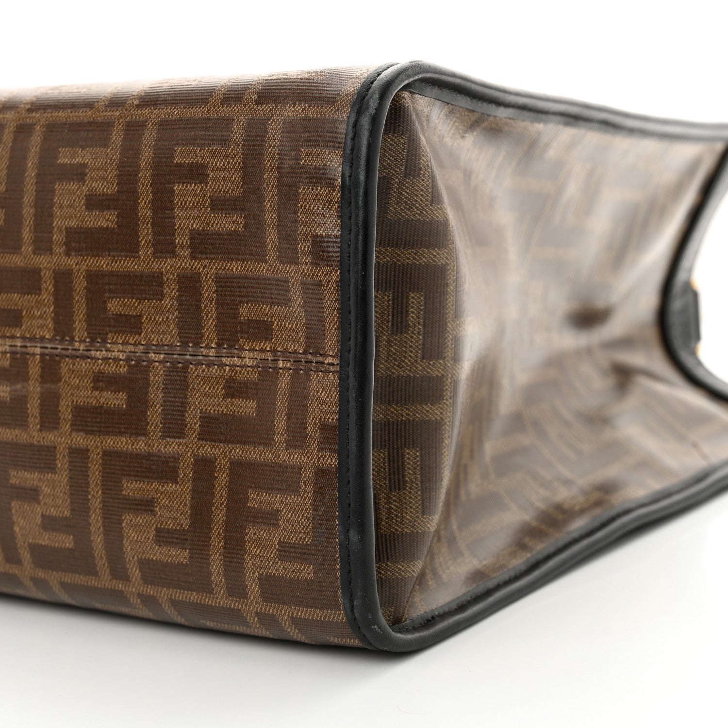 Fendi Glazed Fabric Vitello Century Plexiglass FF 1974 Stamp Patch Medium Runaway Shopper Tote Mogano Panna Black 10 of 15