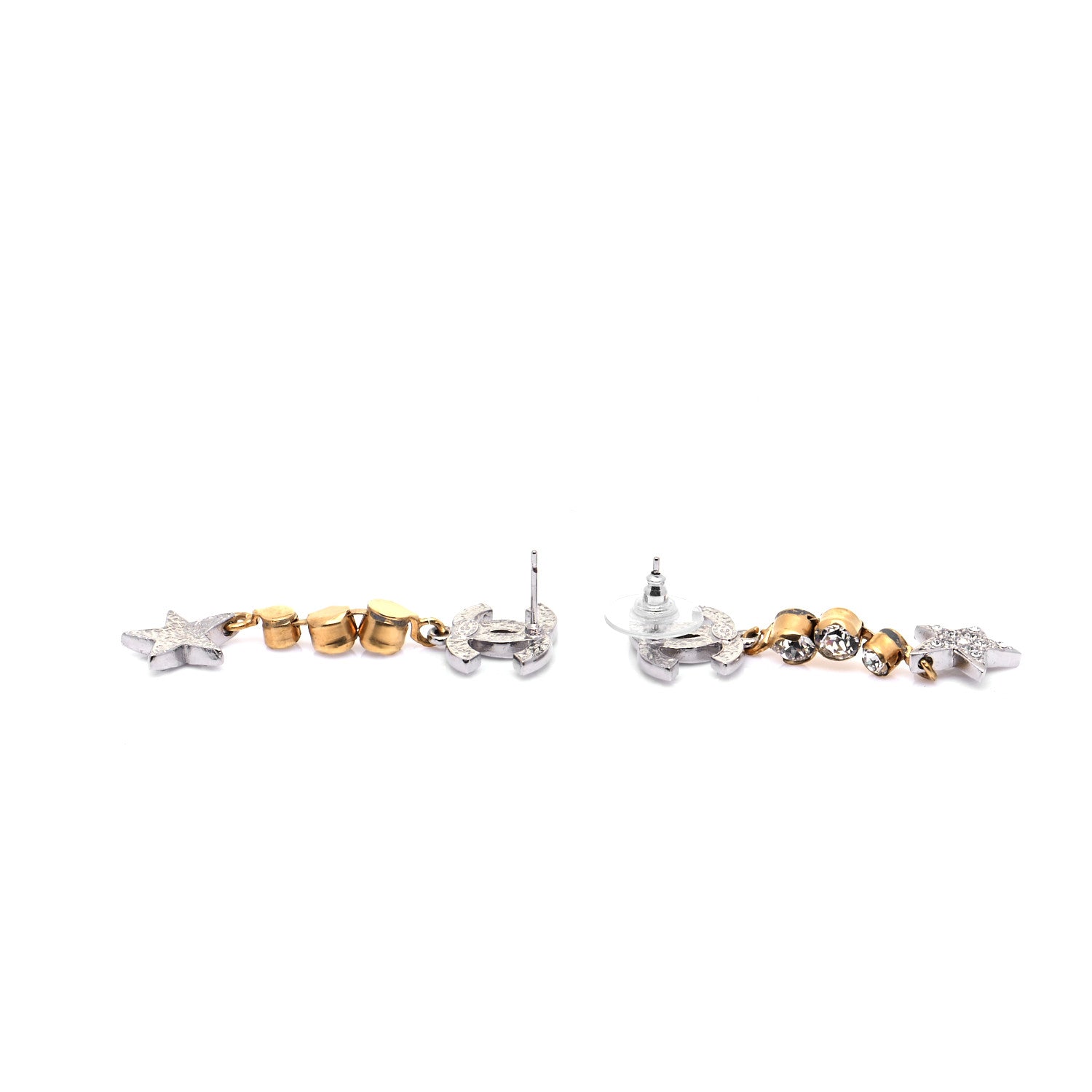 Chanel Crystal Star Drop CC Earrings Silver Gold 3 of 6