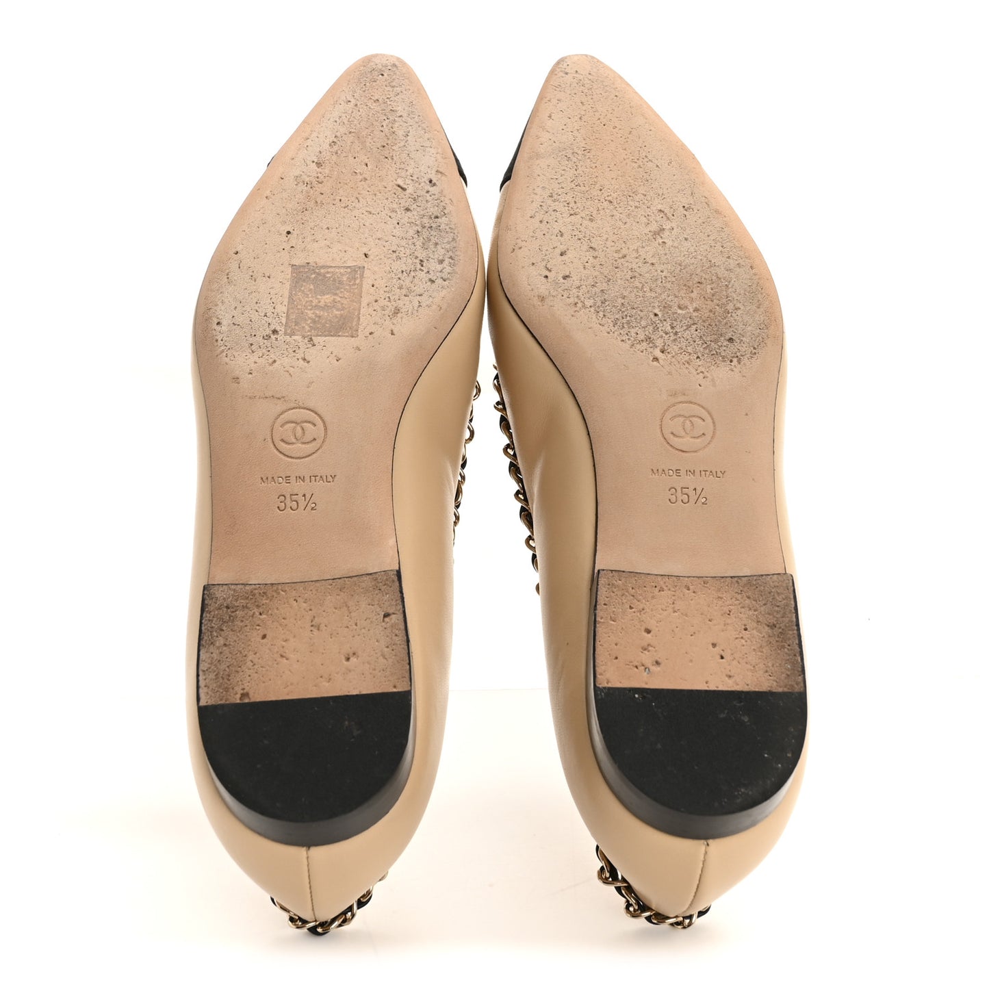 Lambskin Grosgrain Chain Cap Toe Flats 35.5 Beige Black