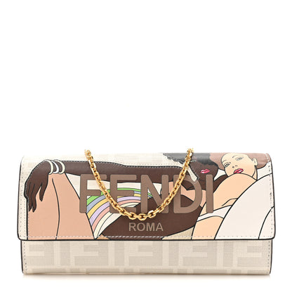 Fendi Glazed Fabric Vitello Liberty FF Logo Bikini Girls Inlay Continental Wallet On Chain Bianco Perla Multicolor 1 of 15