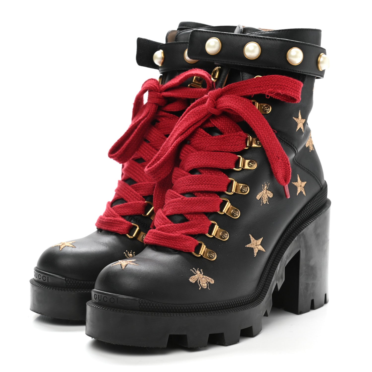 Gucci Calfskin Pearl Lace Up Combat Ankle Boots 40 Black 3 of 10