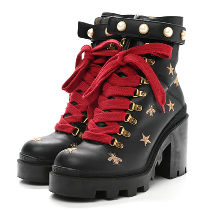 Gucci Calfskin Pearl Lace Up Combat Ankle Boots 40 Black 3 of 10