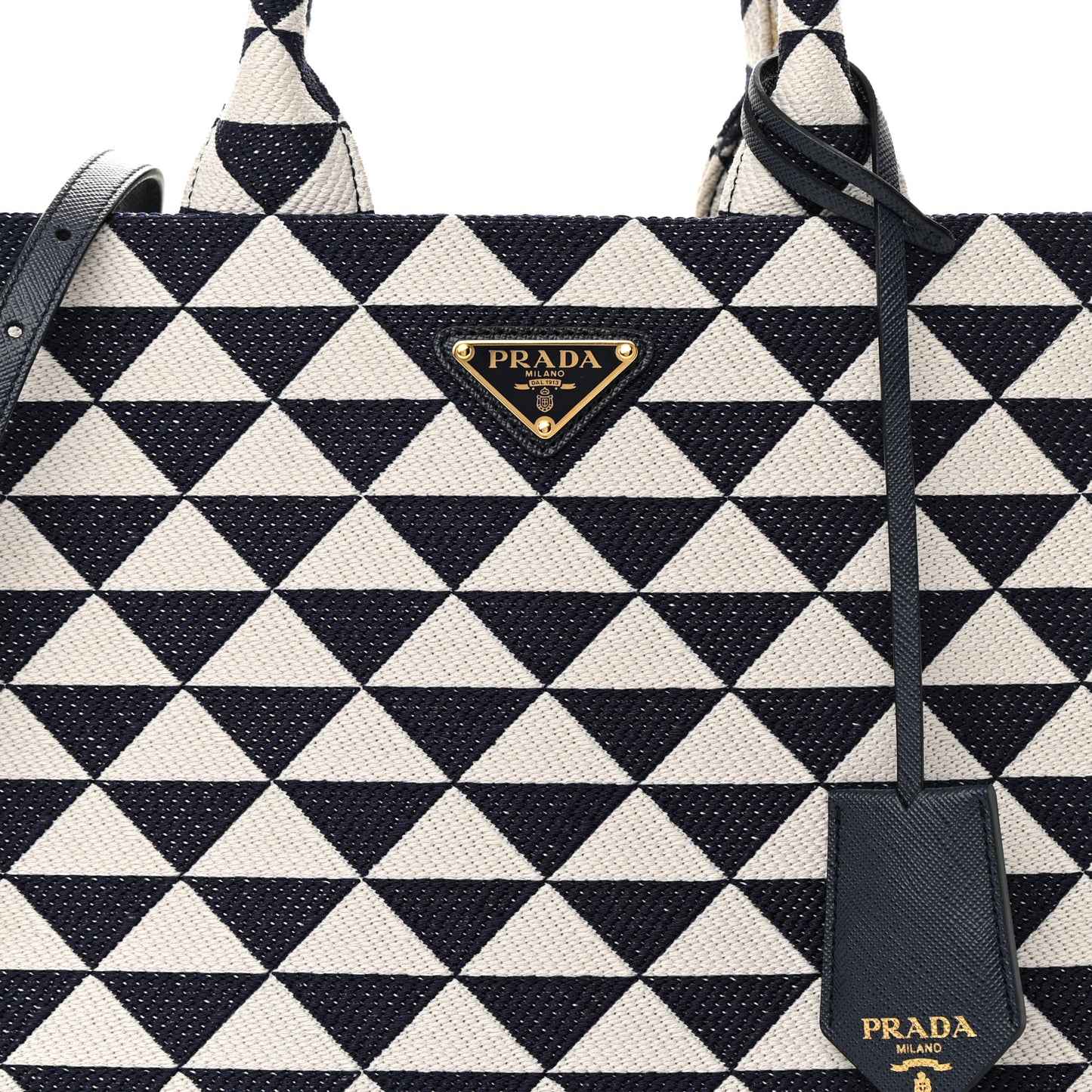 Jacquard Saffiano Triangolo Symbole Embroidered Small Tote Baltico Talco