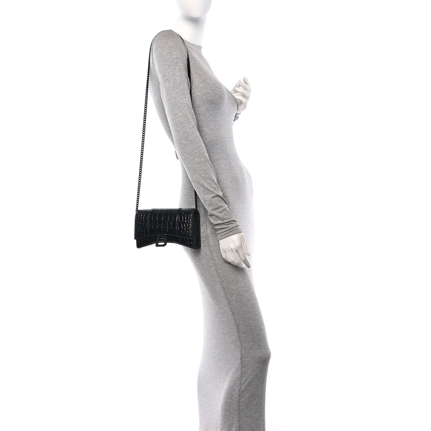 Shiny Calfskin Monochrome Crocodile Embossed Hourglass Chain Bag Black