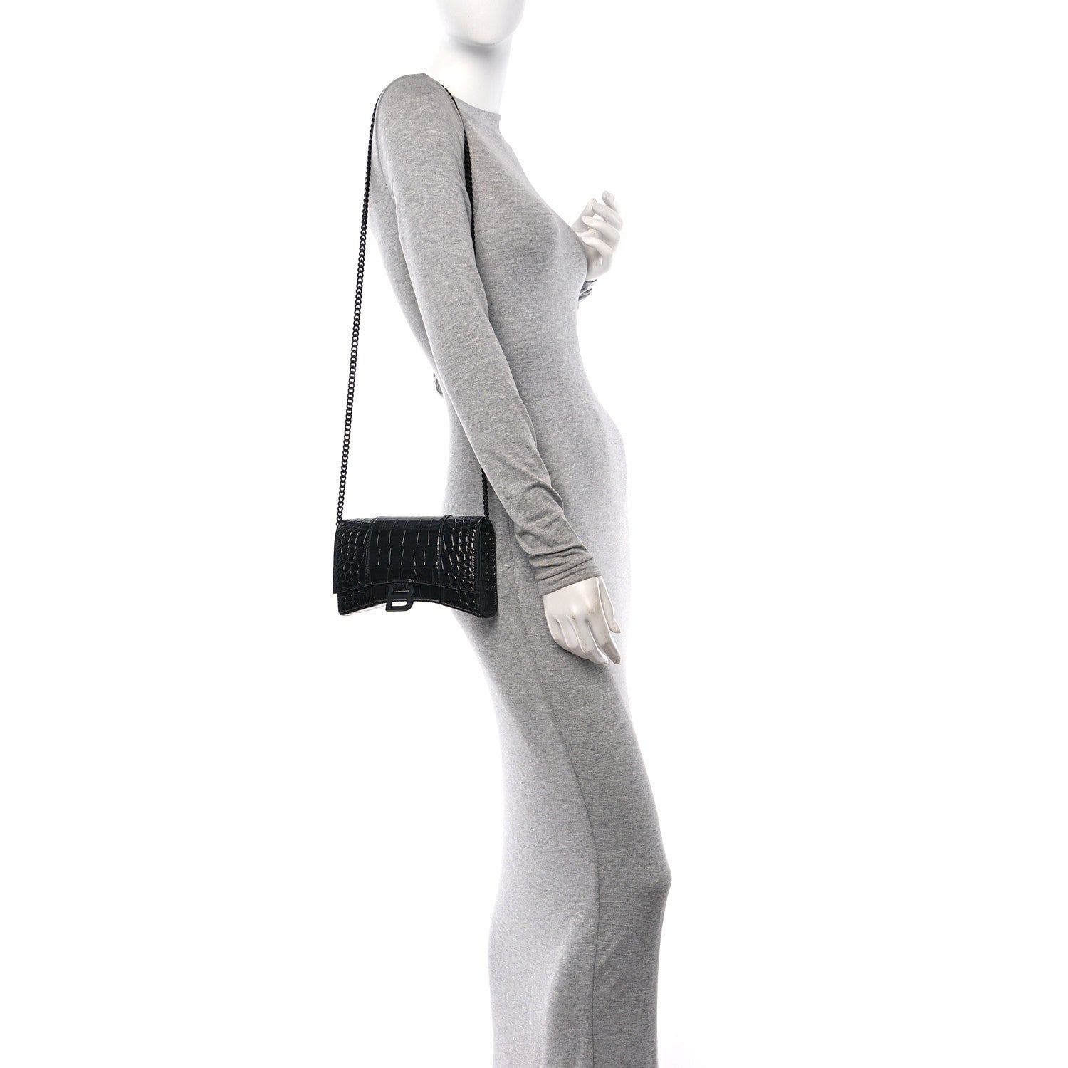 Balenciaga Shiny Calfskin Monochrome Crocodile Embossed Hourglass Chain Bag Black 2 of 11
