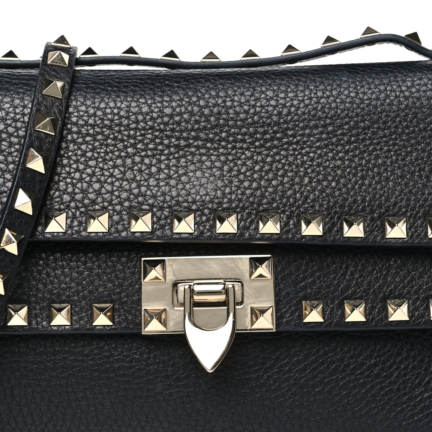 Grainy Calfskin Rockstud Double Flap Crossbody Bag Black
