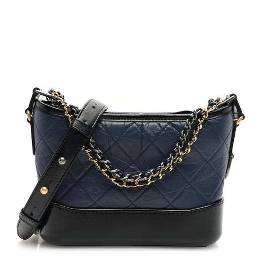 Aged Calfskin Quilted Small Gabrielle Hobo Navy Black
