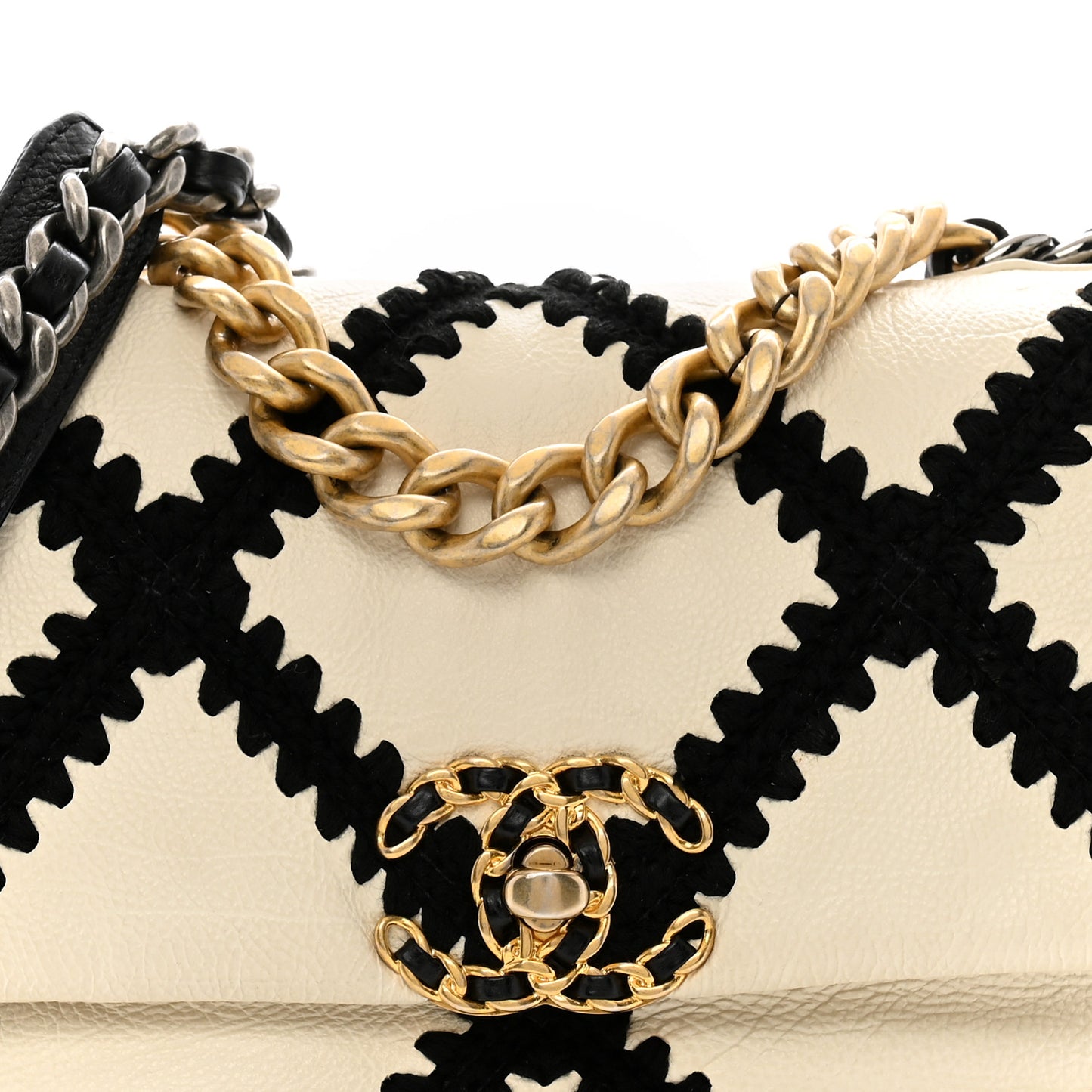 Calfskin Crochet Medium Chanel 19 Flap White Black