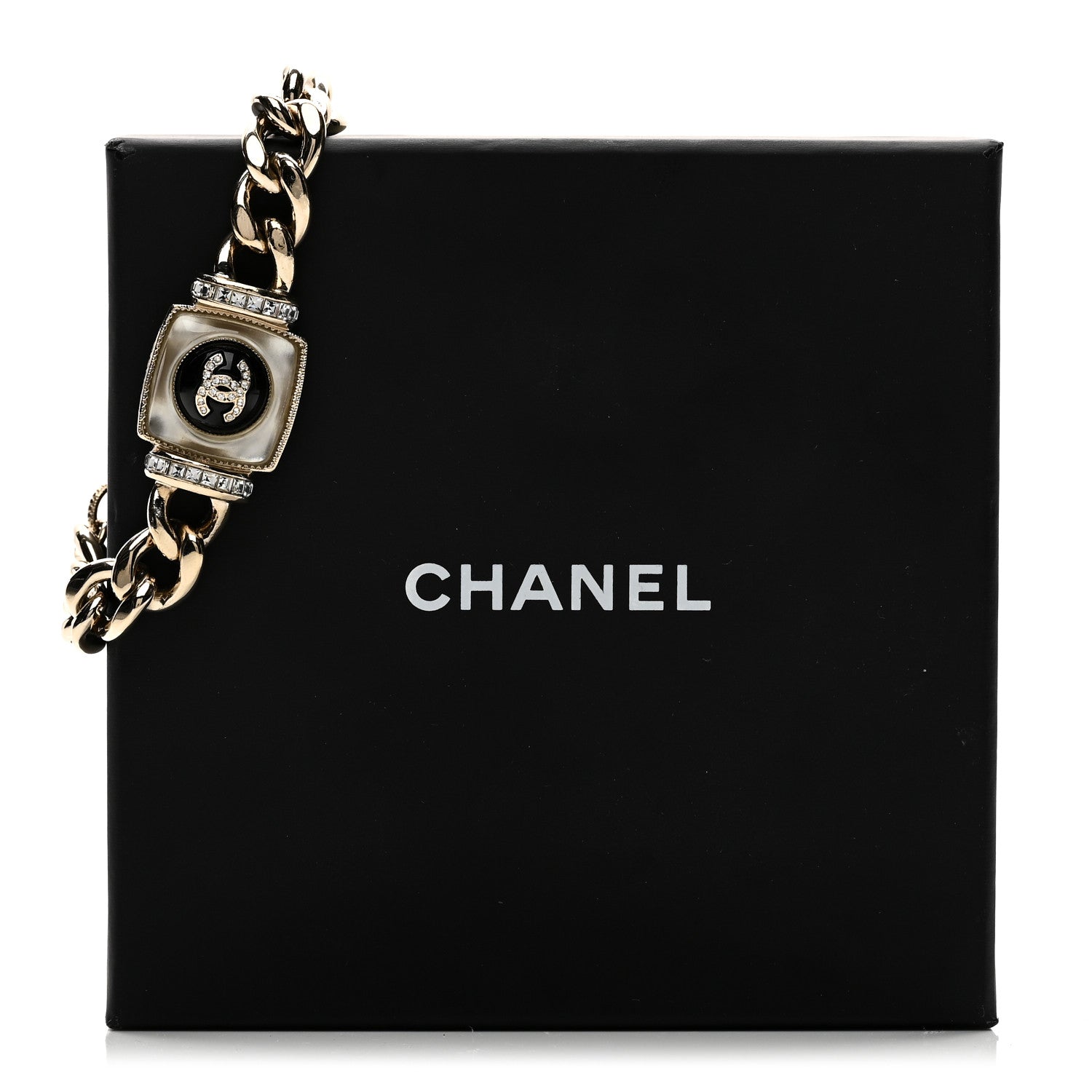 Chanel Metal Glass Pearl Strass CC Pendant Bracelet Gold Black 4 of 4