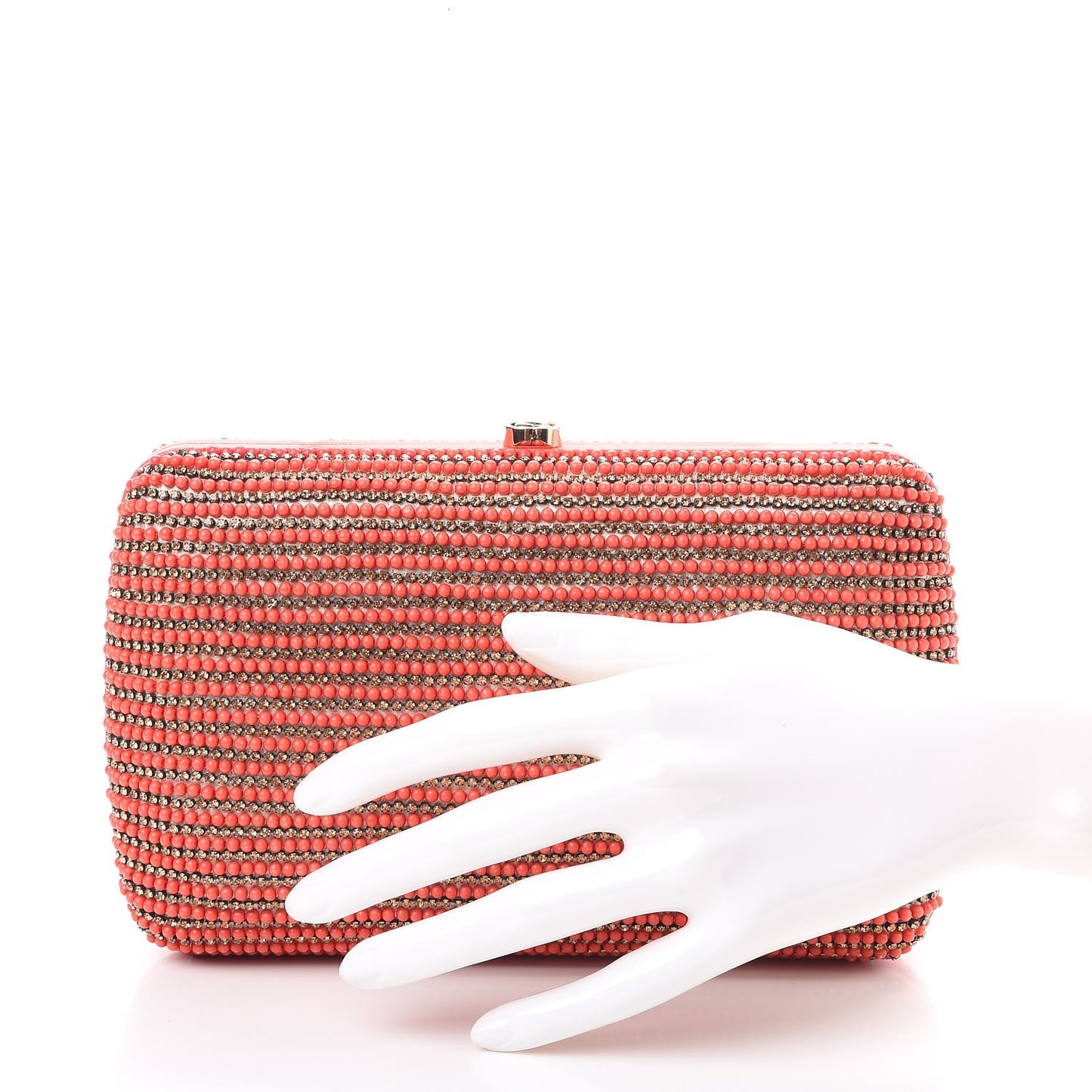 Lambskin Crystal Beaded Broadway Box Clutch Coral