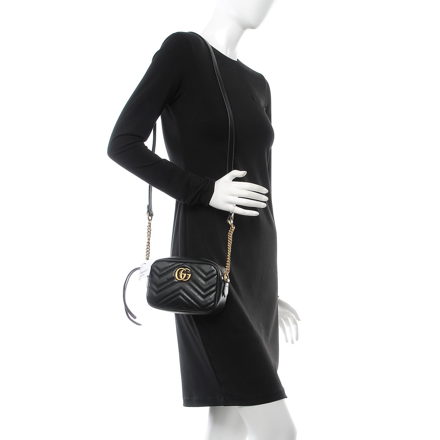 Gucci Calfskin Matelasse Mini GG Marmont Chain Shoulder Bag Black 2 of 7