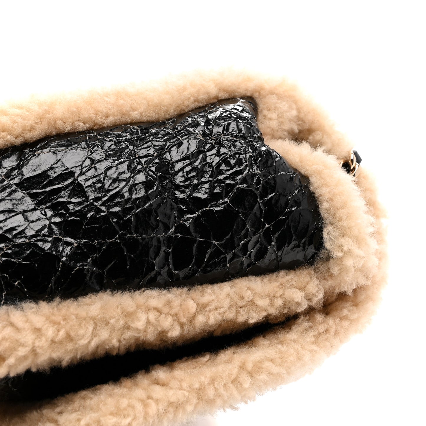 Shiny Crumpled Sheepskin Shearling CC Mania Flap Bag Black Beige