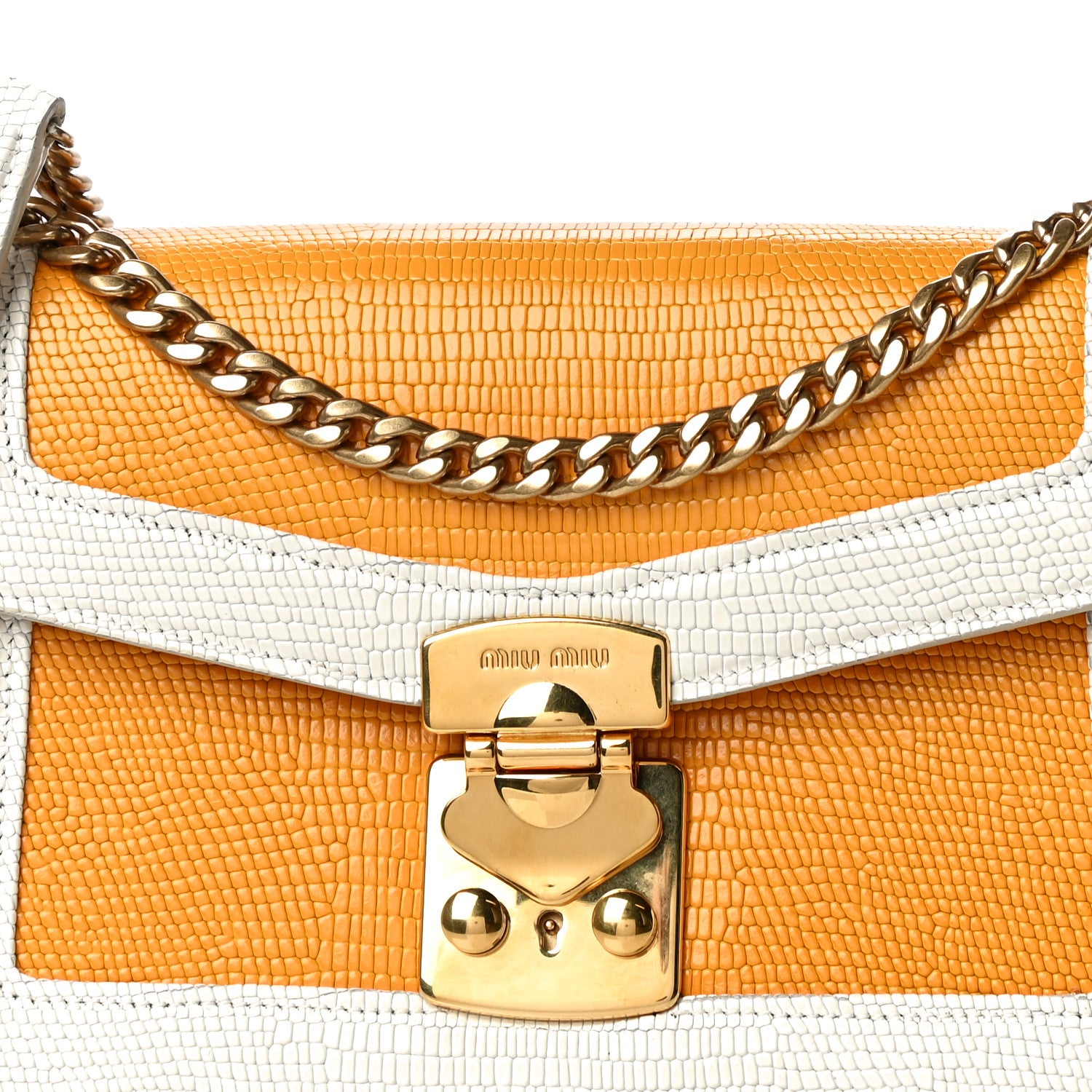 Miu Miu Calfskin Lizard Embossed Flap Bag Yellow White 7 of 11
