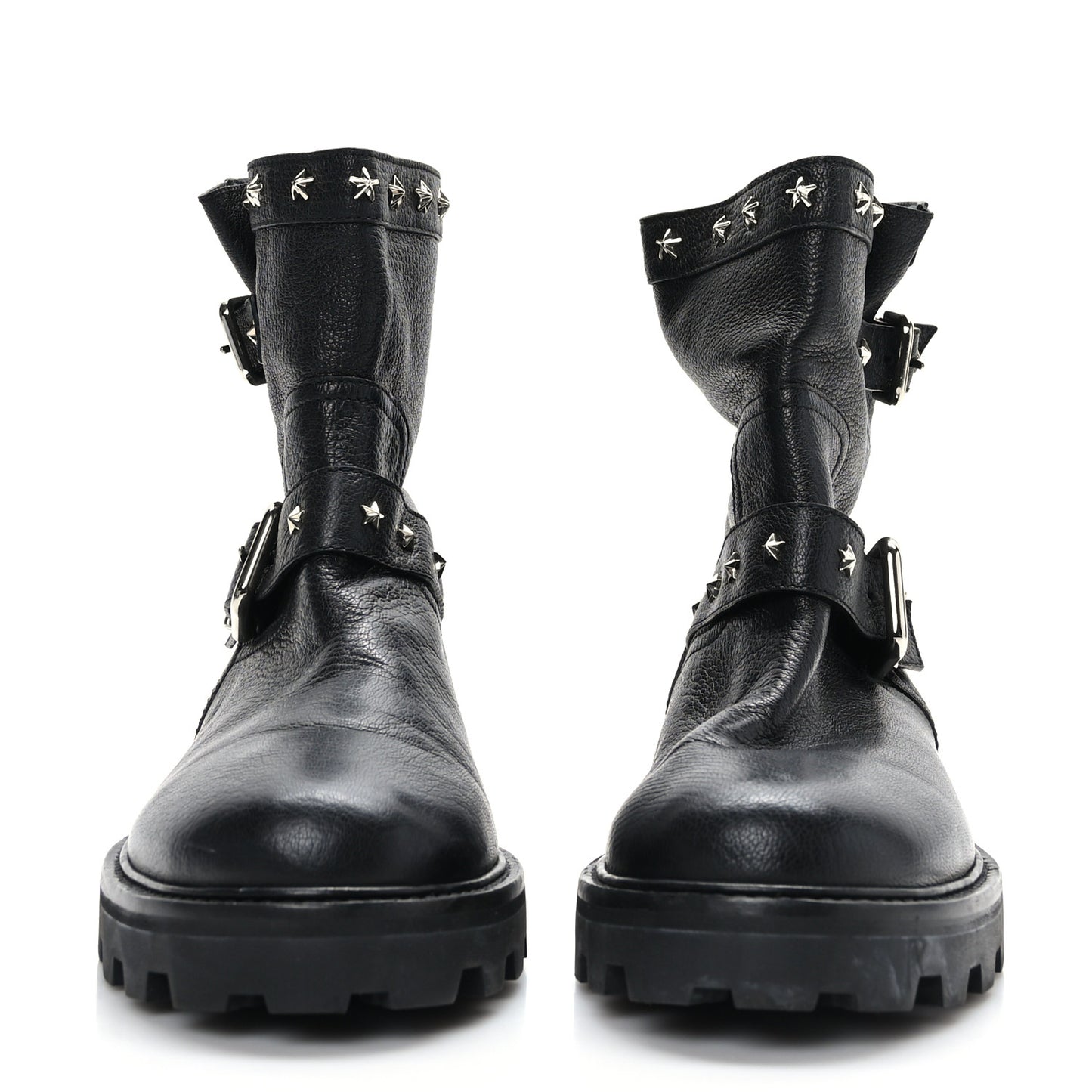 Grained Calfskin Star Biker Boots 40.5 Black